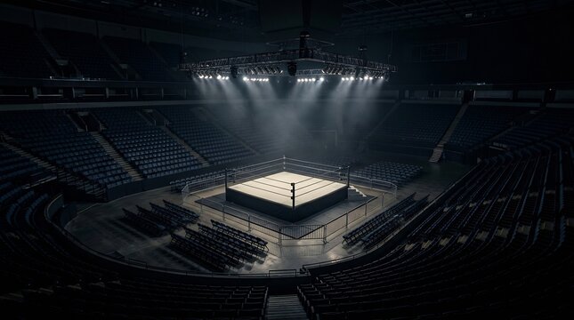 Dramatic empty professional wrestling ring in a dark stadium arena under powerful overhead spotlights