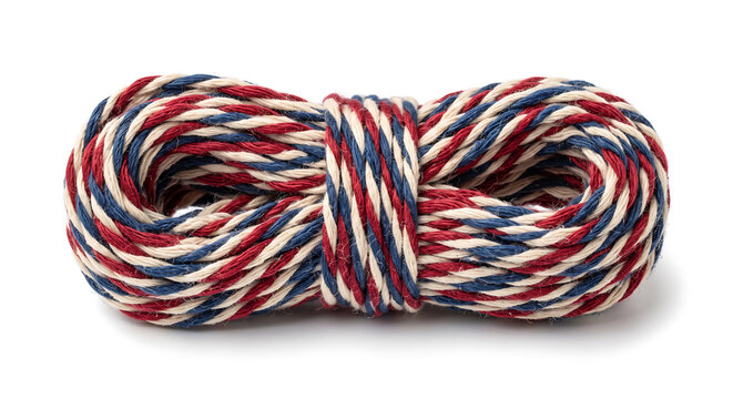 A coiled bundle of twisted baker's twine featuring red, white, and blue striped fibers isolated on a white background