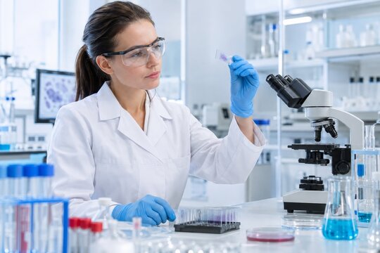 Laboratory Scientist Examining Microscope Slide in Clinical Research Lab