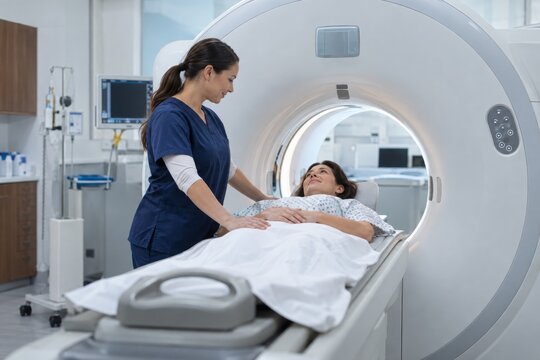 Nurse Reassuring Patient Before Medical Imaging Scan