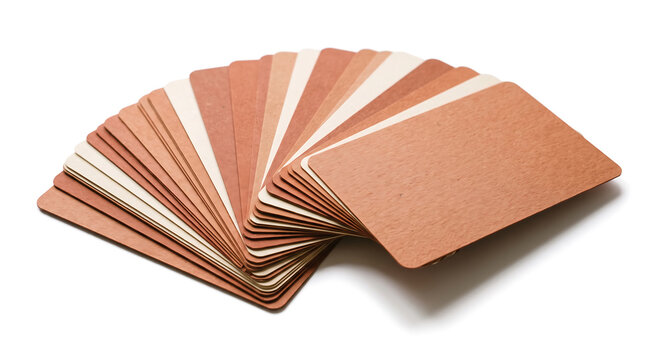 Fanned stack of rectangular blank index cards with rounded corners, alternating shades of light beige and terracotta brown paper stock, isolated on white background
