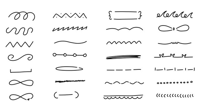 Hand-Drawn Doodle Dividers and Borders Set featuring curly lines, wavy squiggles, dashes, and underlays on a transparent background for creative design projects
