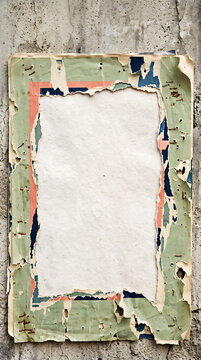 A rectangular frame formed by layers of torn, weathered paper in shades of sage green, salmon pink, and dark blue, mounted on a rough, textured concrete wall surface