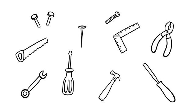 Hand-drawn construction tools doodle set including hammer, screwdriver, wrench, pliers, saw, and nails, isolated on a transparent background.