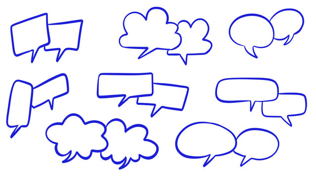 Hand-drawn blue sketch speech bubbles set isolated on transparent background, doodle dialog talk balloons and thought cloud stickers for communication design.