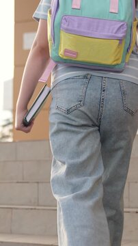 girl goes to school climbing steps, child goes to class holding book hand, educational program, child kid first grader holding book hands runs class, child goes school, child school backpack goes