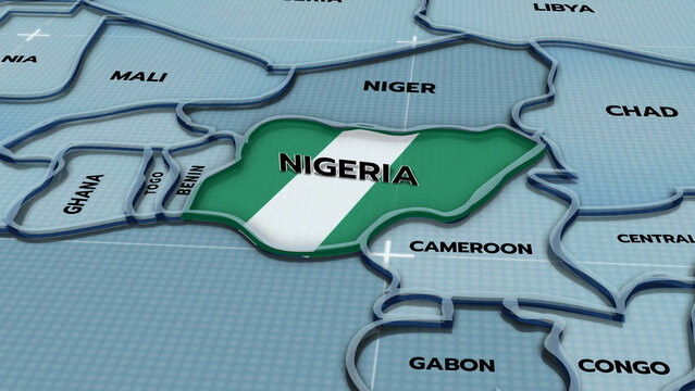 A stylized 3D map of Nigeria highlighted with the Nigerian flag, Nigeria map, Africa, West Africa, surrounded by neighboring African countries such as Niger, Chad, Cameroon, Benin, and Ghana.