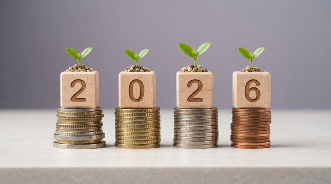 Four small green plant seedlings emerging from wooden cubes with years twenty twenty six on top of stacked metal currency coins.