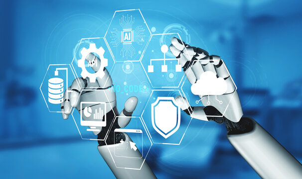 Futuristic robotic hands interacting with digital interfaces showcasing technology concepts like artificial intelligence, data analysis, and cloud computing Quark.