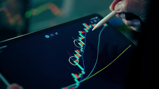 Digital Artist Drawing Cryptocurrency Candlestick Chart on a Tablet