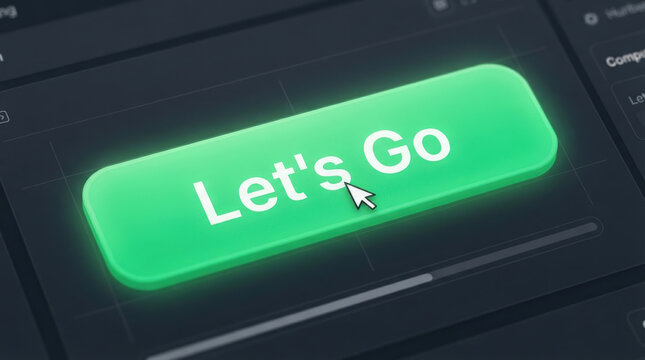 Minimalist green let's go button glowing on dark modern user interface with white mouse cursor pointing directly to the center.