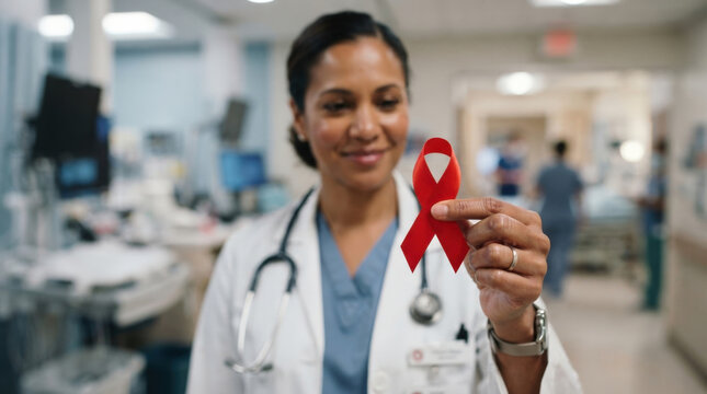 Professional medical doctor holding red ribbon symbol emphasizing ongoing commitment to hiv aids advocacy and patient education.