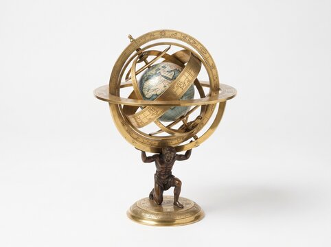 Antique armillary sphere with Atlas figure on a white background
