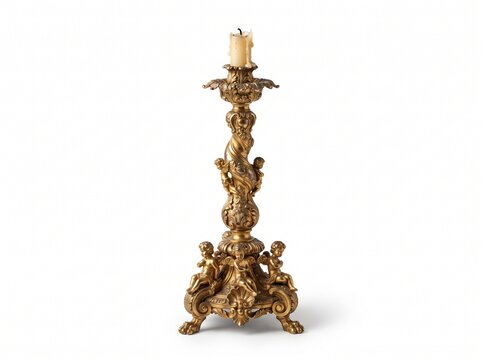 Antique gold candlestick with cherub carvings isolated on white