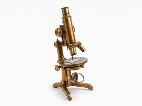 Vintage brass microscope isolated on a white background
