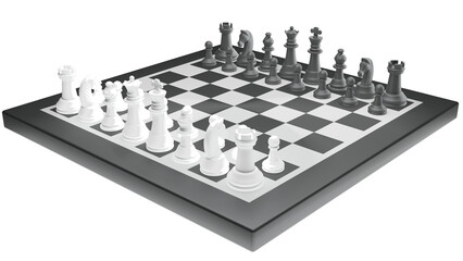 A black-and-white chessboard with black-and-white pieces on it, set against a transparent background. © Alexander Sulghin