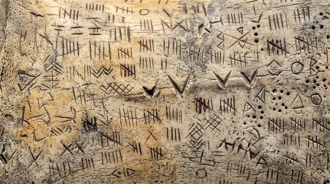 Ancient Bone Tally Marks and Cryptic Symbols Background