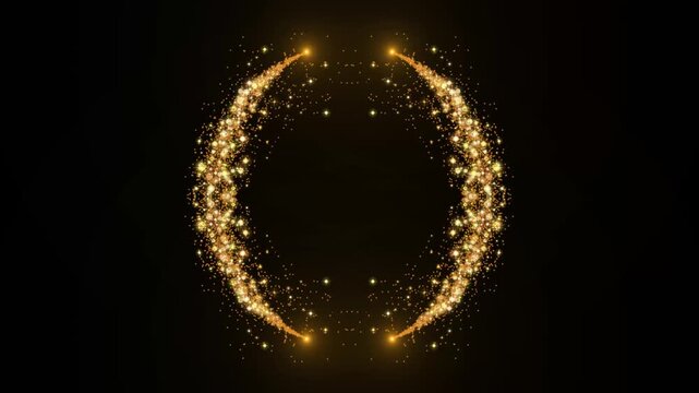 Magical golden glitter circular ring trail animation over black background, luxury stardust circle frame motion graphics for logo reveal, wedding intro and light burst overlay 4k