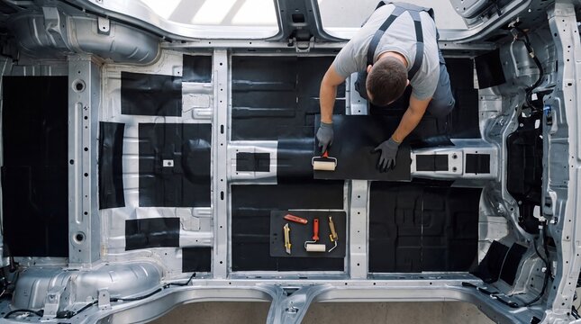 Mechanic Installing Sound Deadening Insulation in Car Chassis