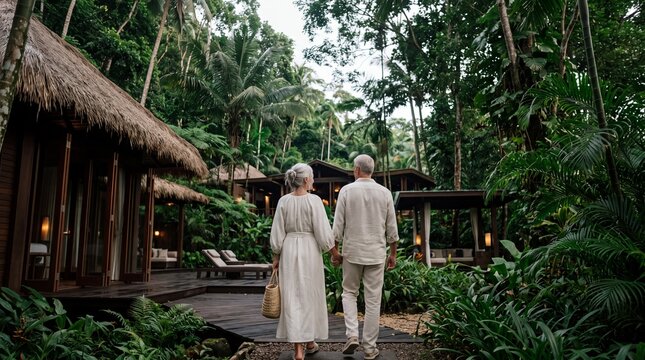 Senior Couple Holding Hands at Luxury Tropical Eco Resort
