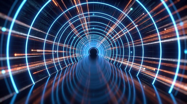 Futuristic Data Tunnel with Glowing Neon Rings and Light Trails