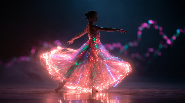 Ballerina Dancing on Stage in Glowing Illuminated Dress