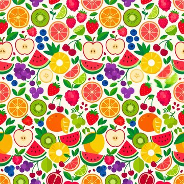 Seamless Pattern with Fresh Colorful Mixed Summer Fruits