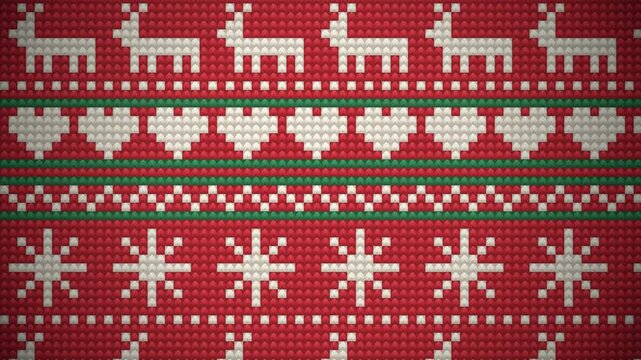 Seamless knitted Christmas pattern with reindeer snowflakes and hearts in red green and white