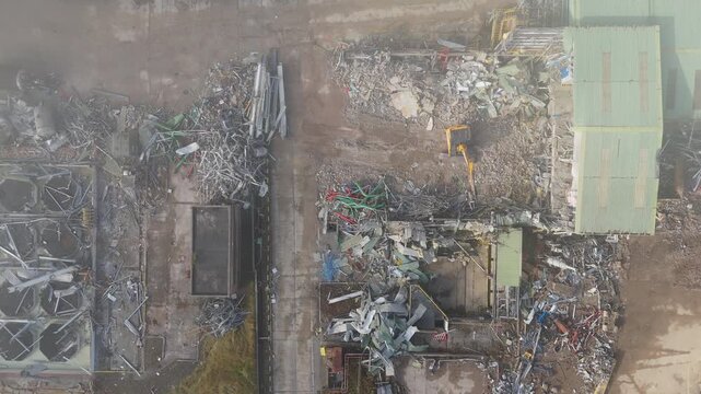 Aerial view of a metal scrapyard in disarray. Industrial, Dewsbury, Yorkshire