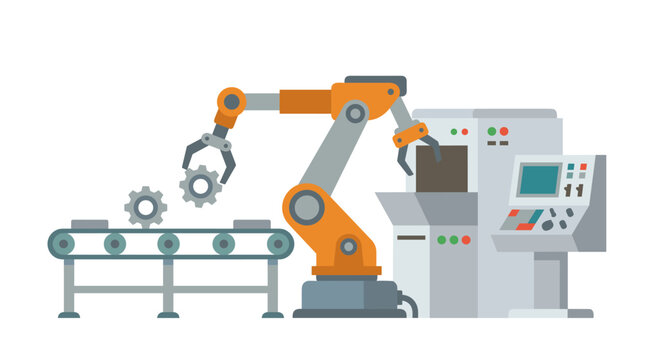 Flat vector illustration of industrial robot arm, a simple clean design element isolated on a white background