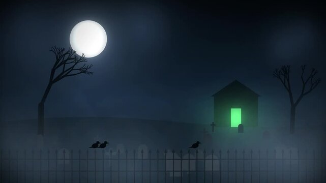 Spooky Halloween night scene with a full moon, haunted house, crows on fence and glowing green door