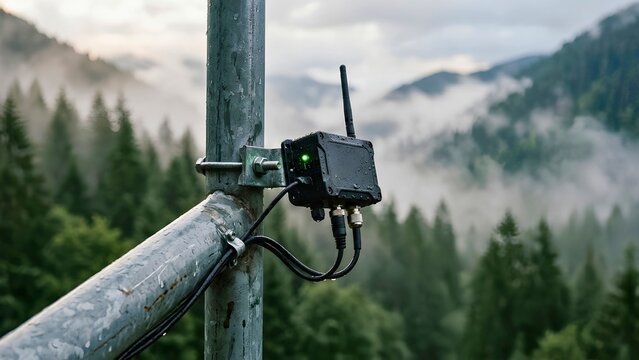 Weatherproof wireless IoT sensor node mounted on pole above misty forest valley for remote environmental monitoring, data transmission and smart infrastructure