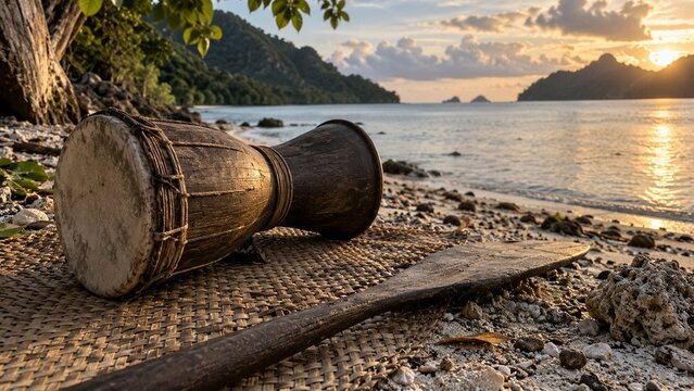 A wooden drum with a skin head rests on a woven mat, accompanied by a wooden paddle on a sandy beach with mountains and ocean under a sunset sky