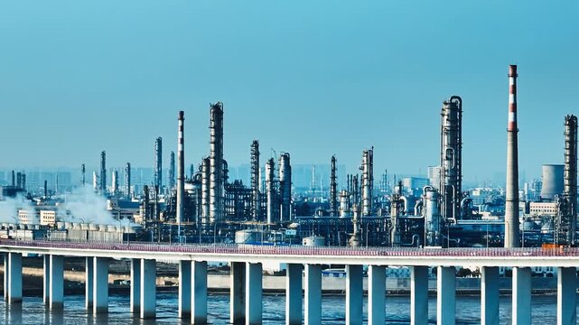 Industrial refinery complex stands behind a concrete highway bridge structure under a clear blue sky during daylight.