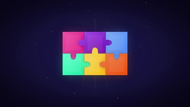 Colorful puzzle pieces connecting together on a dark blue background