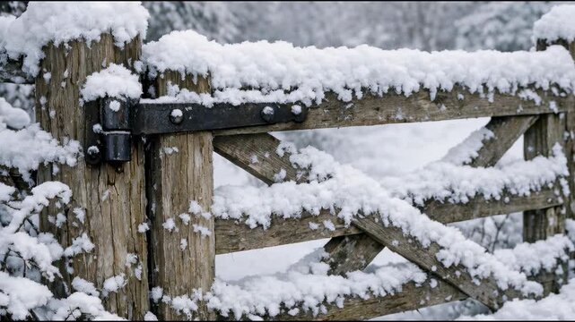 A wooden gate covered in snow next to a forest, suitable for winter scenes, outdoors, or nature-inspired settings