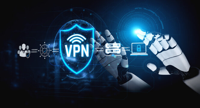 Futuristic robotic hands interacting with a VPN symbol, digital security concept with global network connection and data protection technology Sigmoid