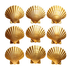 Fototapeta premium Golden seashell pattern featuring nine shiny metallic scallop shells arranged in a grid formation isolated on transparent background