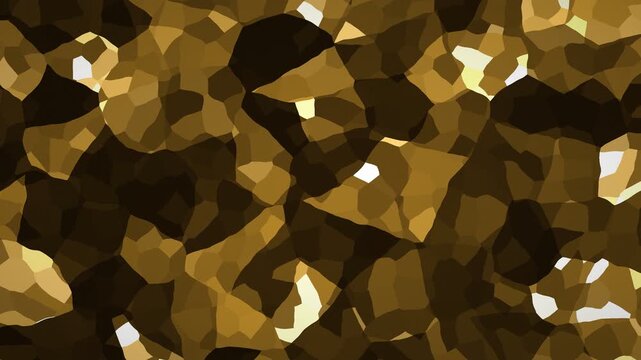 Abstract shimmering golden crystal shards with light reflections and dark shadows creating a dynamic mosaic pattern