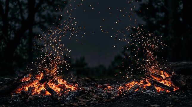 Close-up of glowing orange embers and sparks drifting upward from a campfire in a dark forest at night