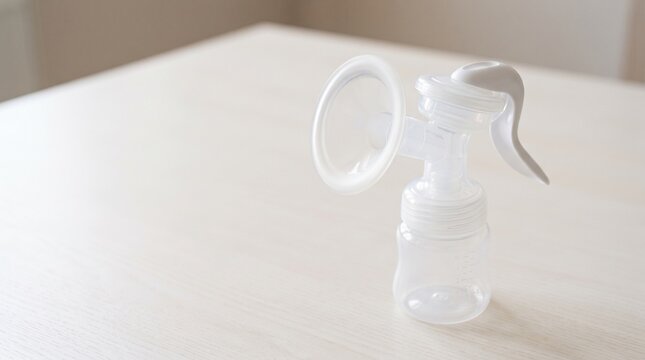 Manual breast pump and bottle in a bright room