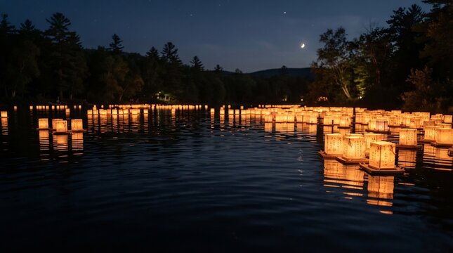 Serene night landscape with numerous glowing lanterns floating on a calm lake under a moonlit sky with reflections