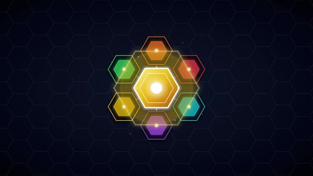 Abstract digital hexagon network glowing with colorful nodes on a