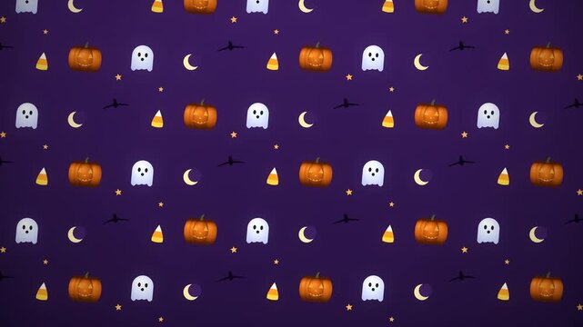 Animated Halloween Pattern with Pumpkins Ghosts Bats Moons and Candy Corn on Purple Background