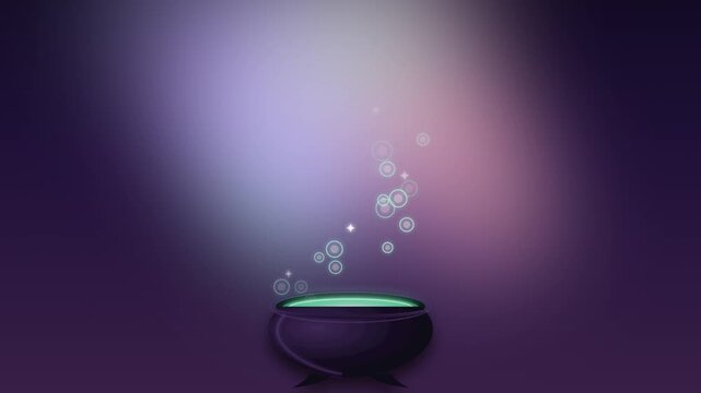 Halloween cauldron with glowing green magic potion bubbles rising on