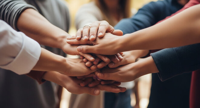 Diverse group of people stacking hands together in a symbol of unity, teamwork, cooperation, and professional corporate partnership success