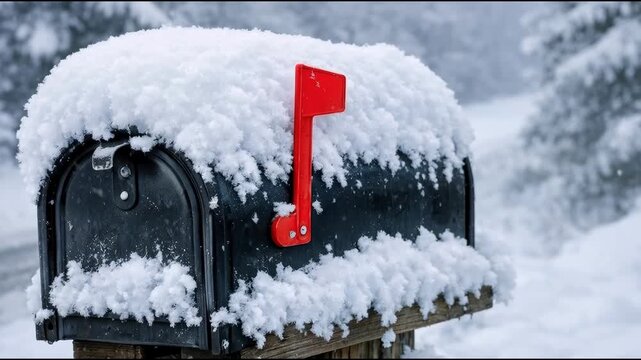A black mailbox covered in snow next to a road