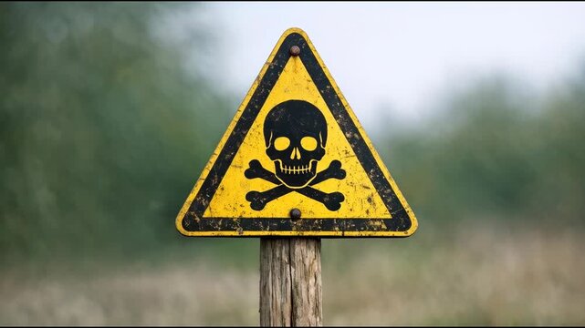 A yellow and black warning sign with a skull symbol, often used for caution or danger