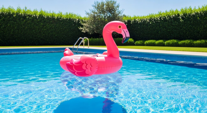 Pink flamingo floatie swimming in a bright blue backyard swimming pool during a sunny summer day with green hedges