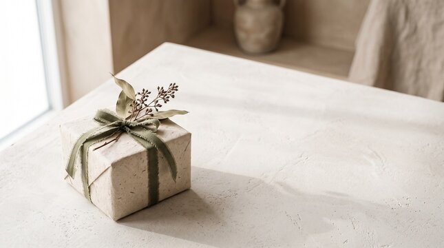 Eco-friendly wrapped gift box with rustic green ribbon resting on textured plaster table in minimalist interior with soft sunlight for sustainable celebration concept